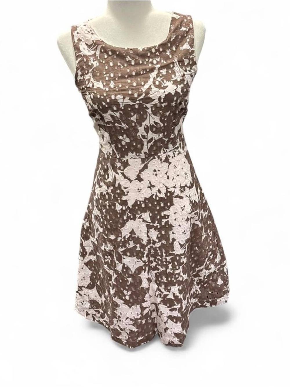 New York & Company Brown and White Sleeveless Fit-and-Flare Dress